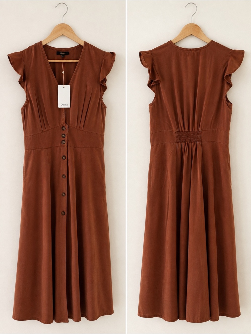 Quince Rust Brown Flutter-Sleeve Button-Front Midi Dress